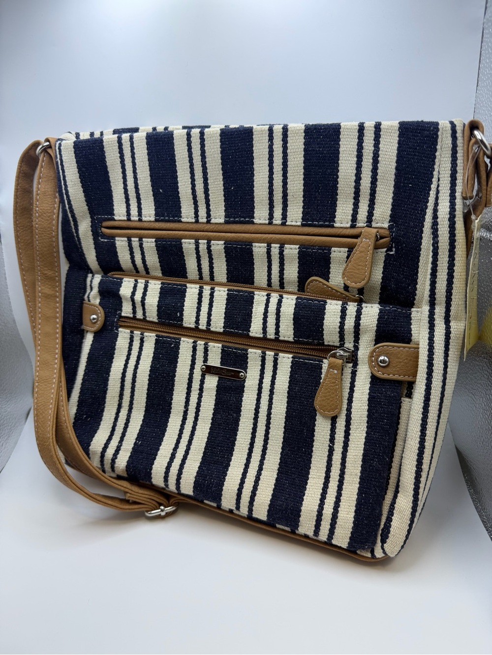 NEW Multisac Striped Navy and Cream Crossbody with Tan Trim